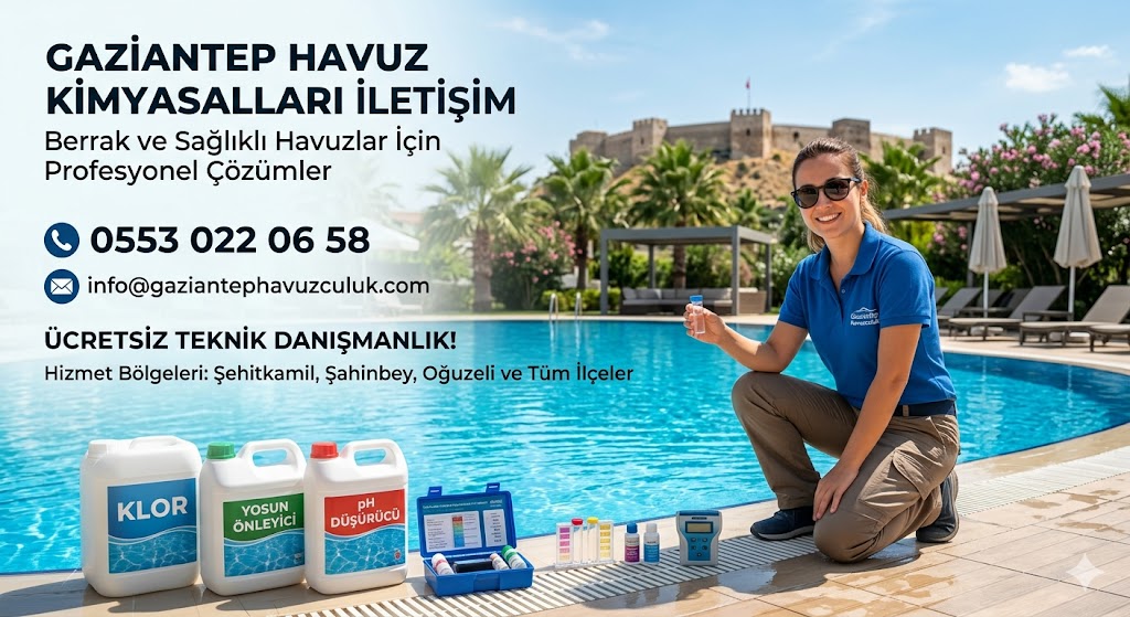 Gaziantep Havuz Kimyasalları iletişim görseli; klor, yosun önleyici ve pH düşürücü ürünleri ile havuz suyu analizi yapan uzman personel.